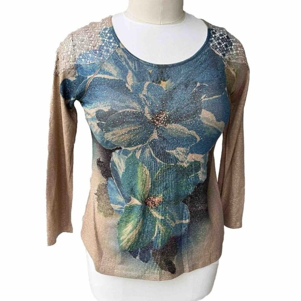 French‎ Bazaar | Gold and Teal Metallic Floral Knit Top